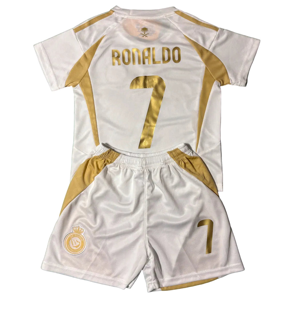 Ronaldo Al Nassr Kids Home Soccer Jersey Kit Youth Toddler Sizes CustomKiddos.com