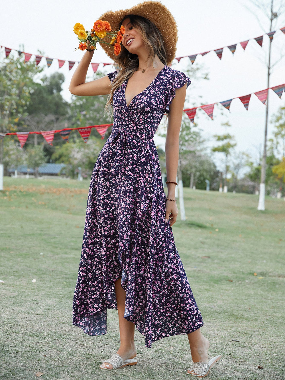 Women Summer Daily Ruffled Printed V Neck Short Sleeve High Split A Line Midi Dress