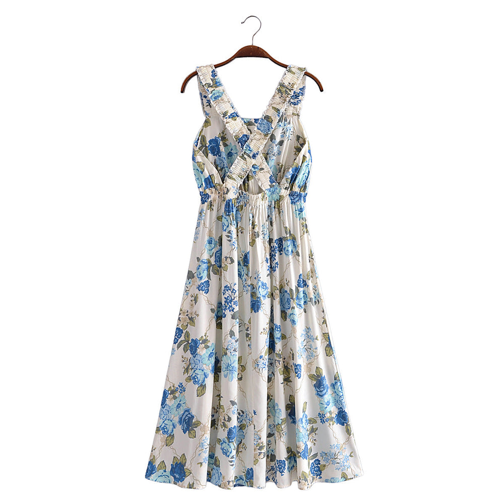 Vacation Summer Cross Backless Rayon Printing Slip Dress