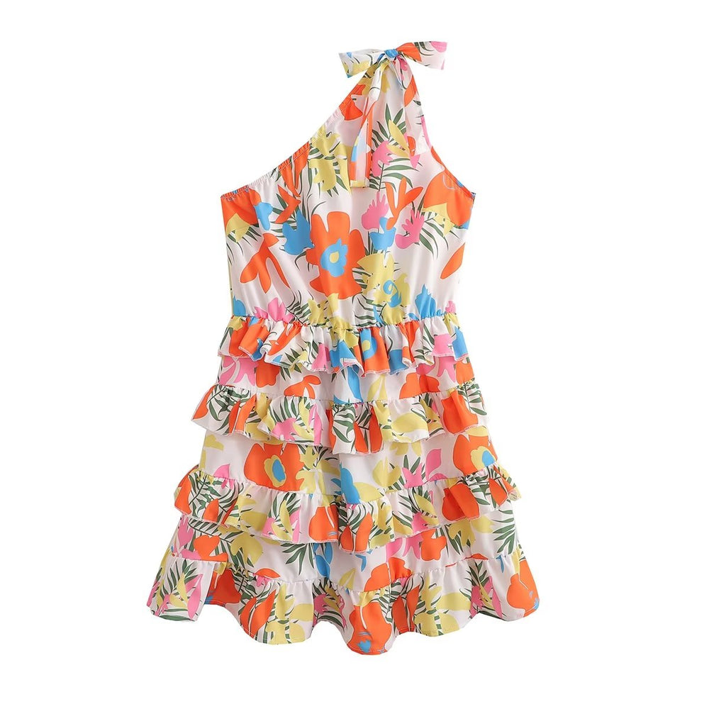 Women Clothing Laminated Decoration Shoulder Lace up One Shoulder Dress Short