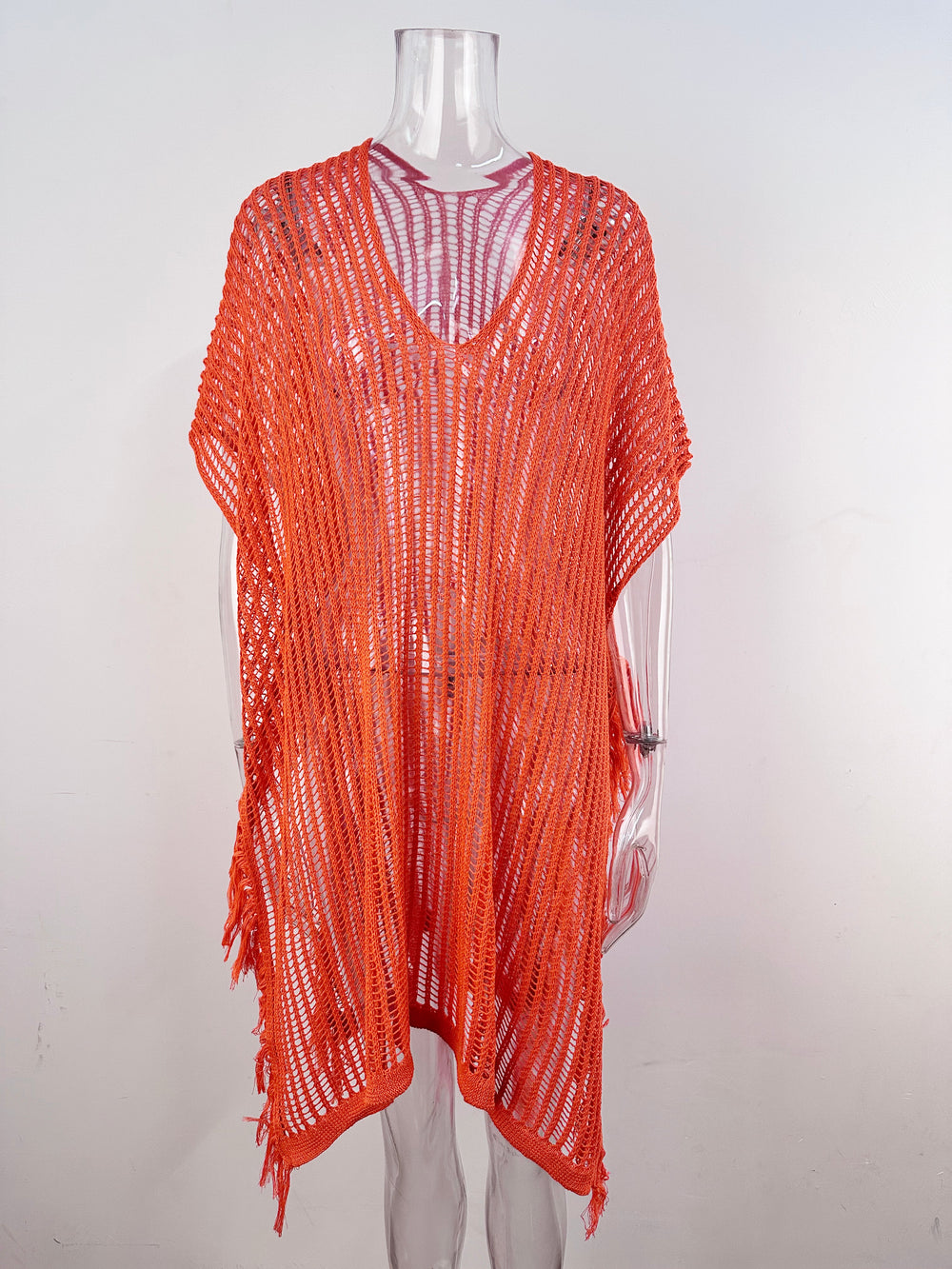 Summer Mid Length V neck Hollow Out Cutout Tassel Beachwear Holiday Shirt Seaside Sun Protection Clothing
