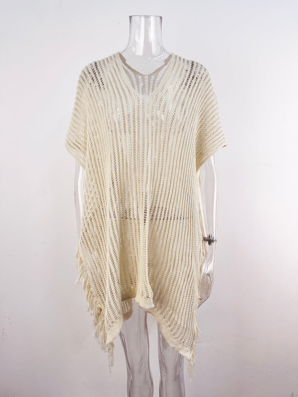 Summer Mid Length V neck Hollow Out Cutout Tassel Beachwear Holiday Shirt Seaside Sun Protection Clothing
