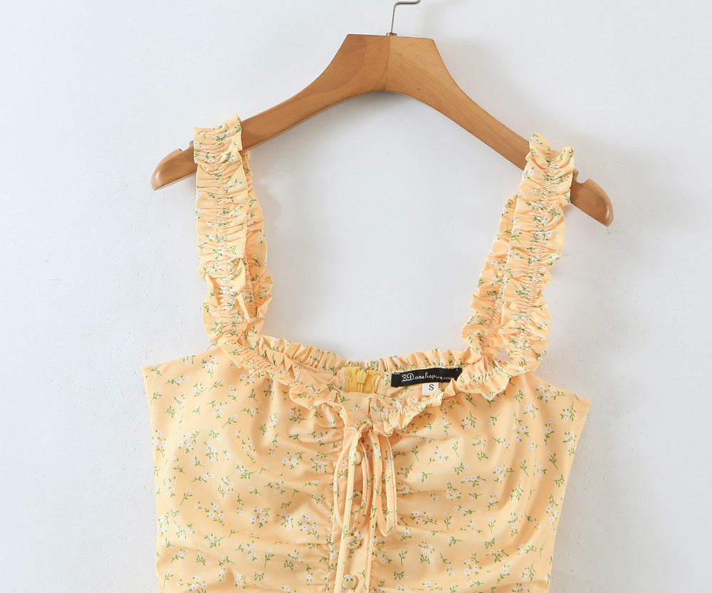 Summer Women Clothing off Neck Ruffled Dress Vacation Fresh Printed Short