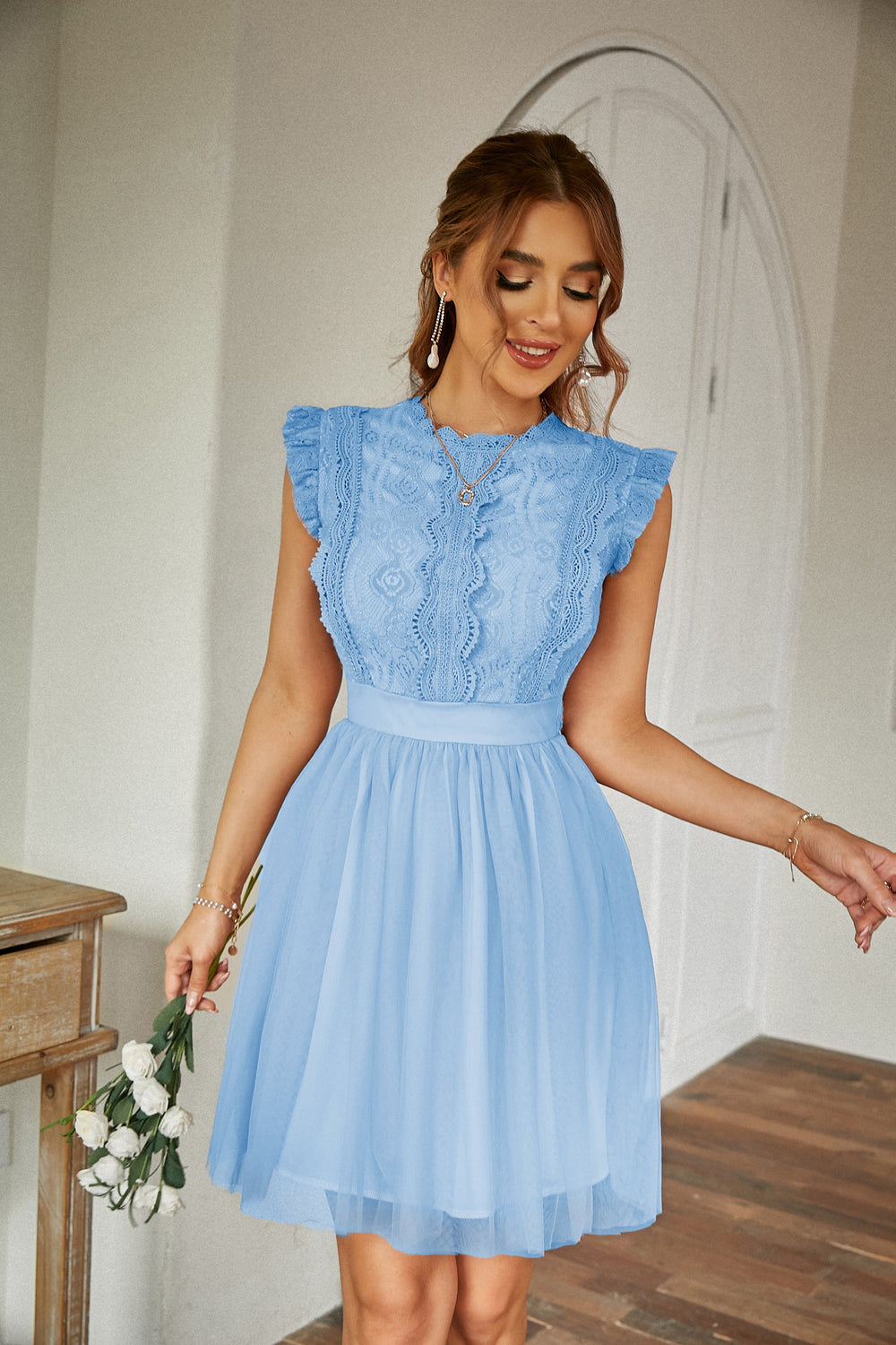 Women Summer Lace Tulle Short Sleeve Round Neck Elegant Dress