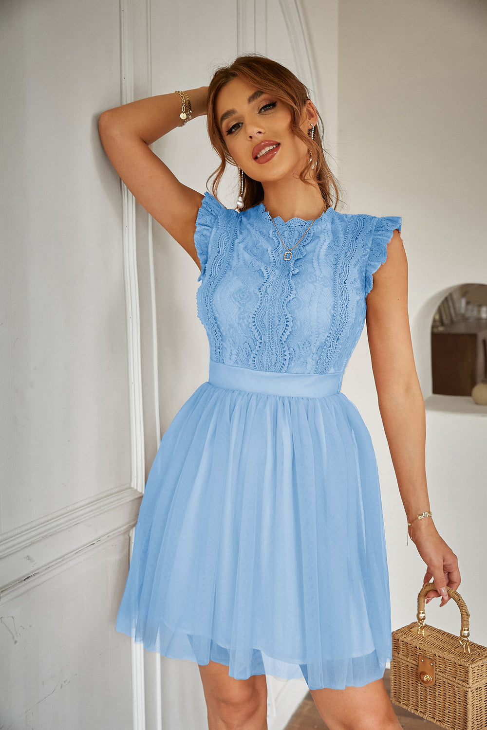 Women Summer Lace Tulle Short Sleeve Round Neck Elegant Dress