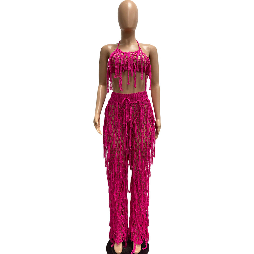 Sexy See through Knitted Hand Crochet Tassel Beach Suit