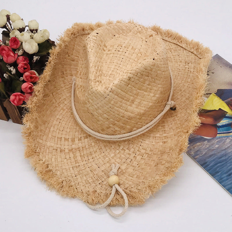 Fashionable Frayed Hem Wide Brim Cowboy Hat Raffia Straw Flanging Hat Seaside Sun Proof Solid Color Straw Hat