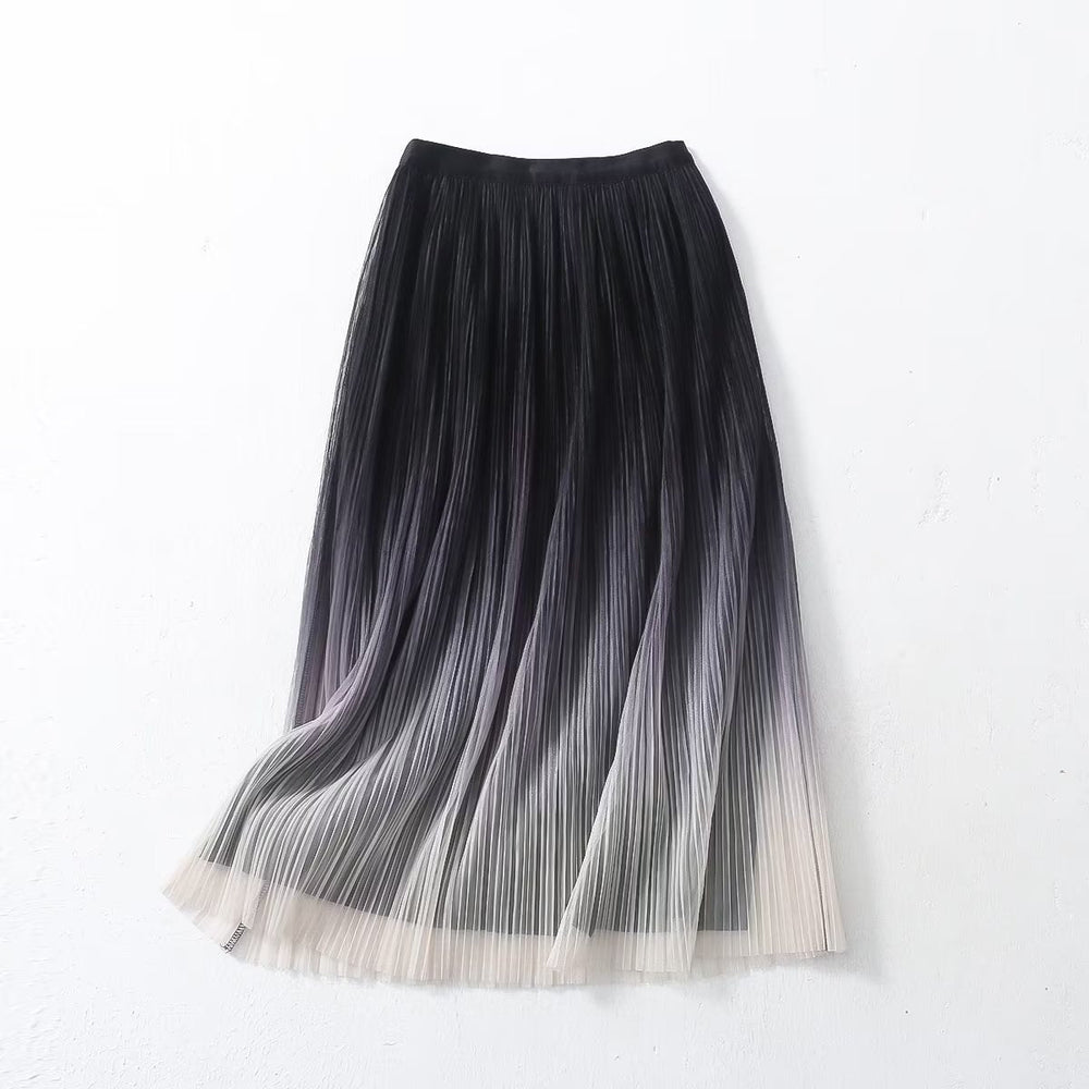 Elegant Graceful Gradient Color Pleated Skirt Spring Summer Light Luxury High Waist A line Skirt