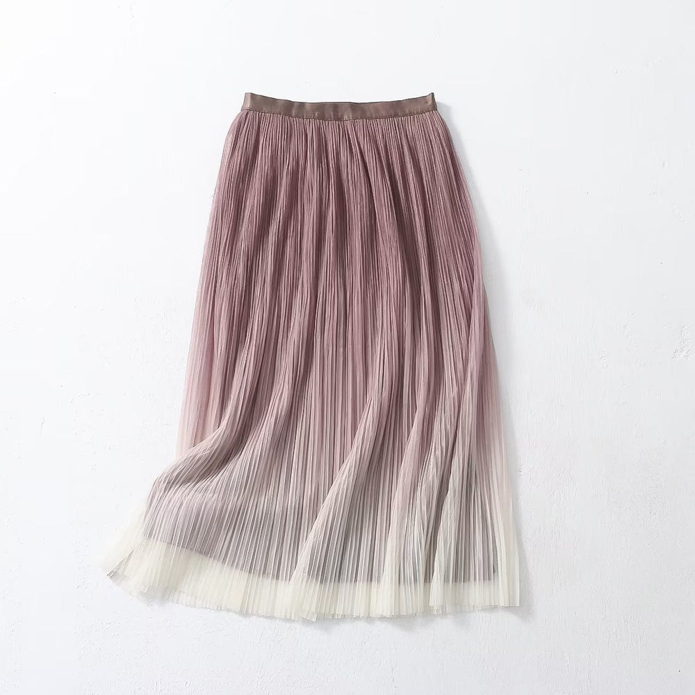 Elegant Graceful Gradient Color Pleated Skirt Spring Summer Light Luxury High Waist A line Skirt