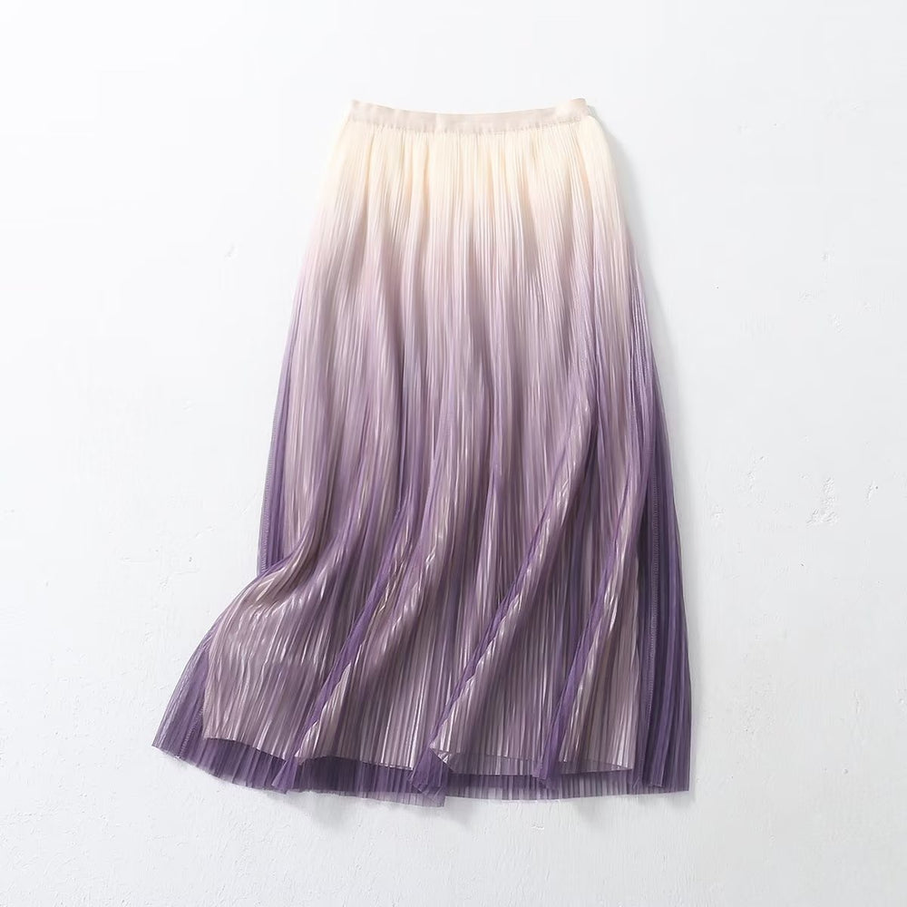 Elegant Graceful Gradient Color Pleated Skirt Spring Summer Light Luxury High Waist A line Skirt