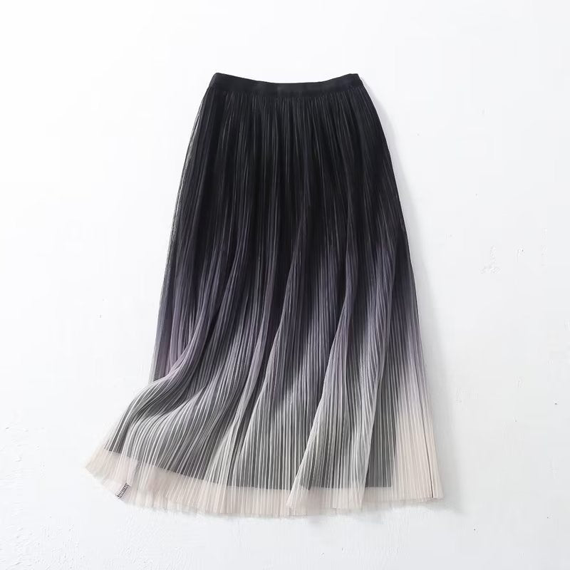 Elegant Graceful Gradient Color Pleated Skirt Spring Summer Light Luxury High Waist A line Skirt