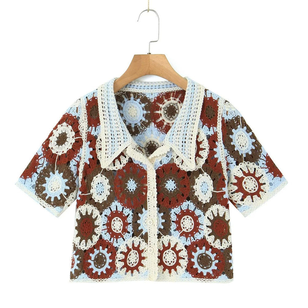 Retro Lapels Crocheted Top Spring Women Clothing Years Contrast Color Breasted Short Sweater