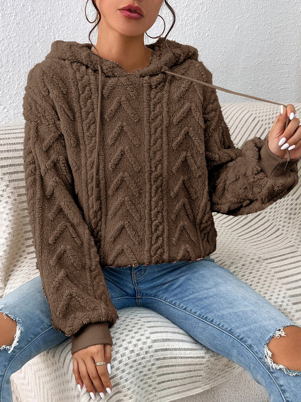 Fall Winter Women Pullover Sweatshirt Flannel Hooded Loose Plush Jacket