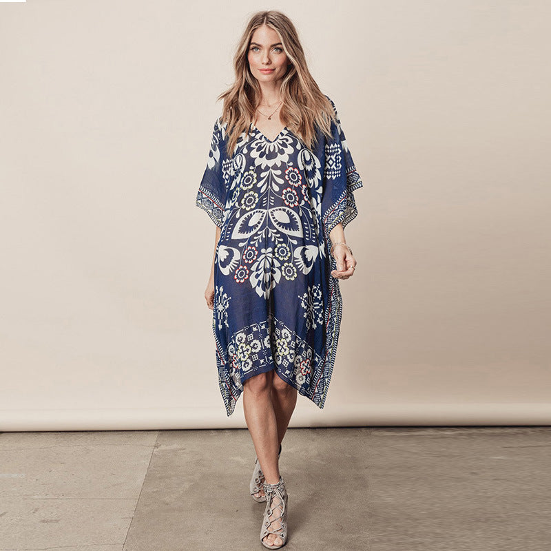 Navy Blue Positioning Floral Chiffon V neck Loose Beach Cover Up Beach Dress Swimwear Cover up Women Cover