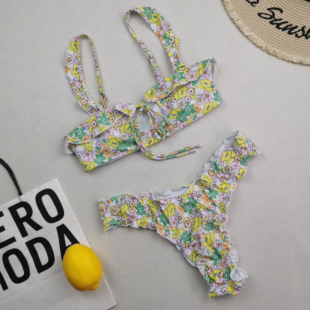 New Multi Color Printed Bikini Fresh Swimsuit Women Lace Split Swimsuit