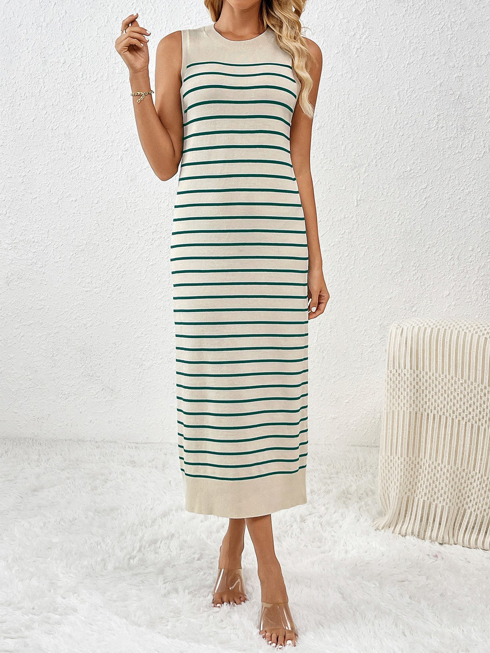Spring Summer Slim Sleeveless Splicing Pullover Striped Women Knitwear