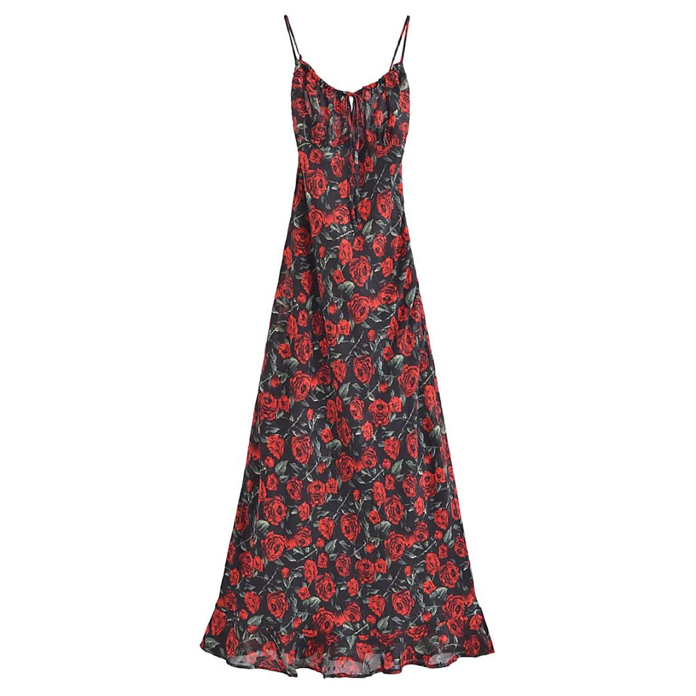 Women Rose Jacquard Printed Slim Waist Fishtail Cami Dress