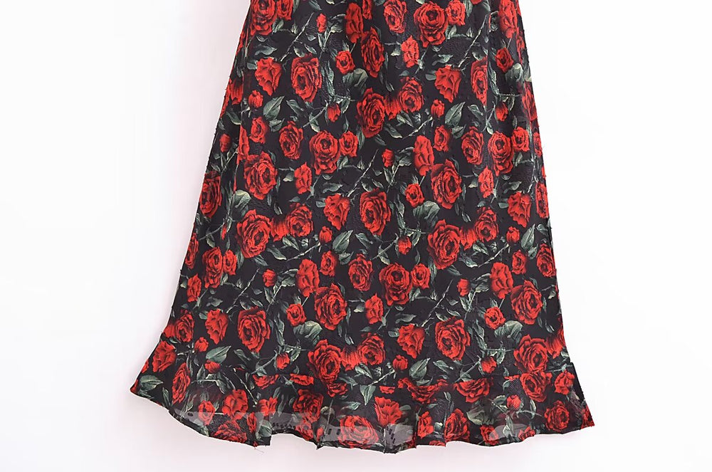 Women Rose Jacquard Printed Slim Waist Fishtail Cami Dress