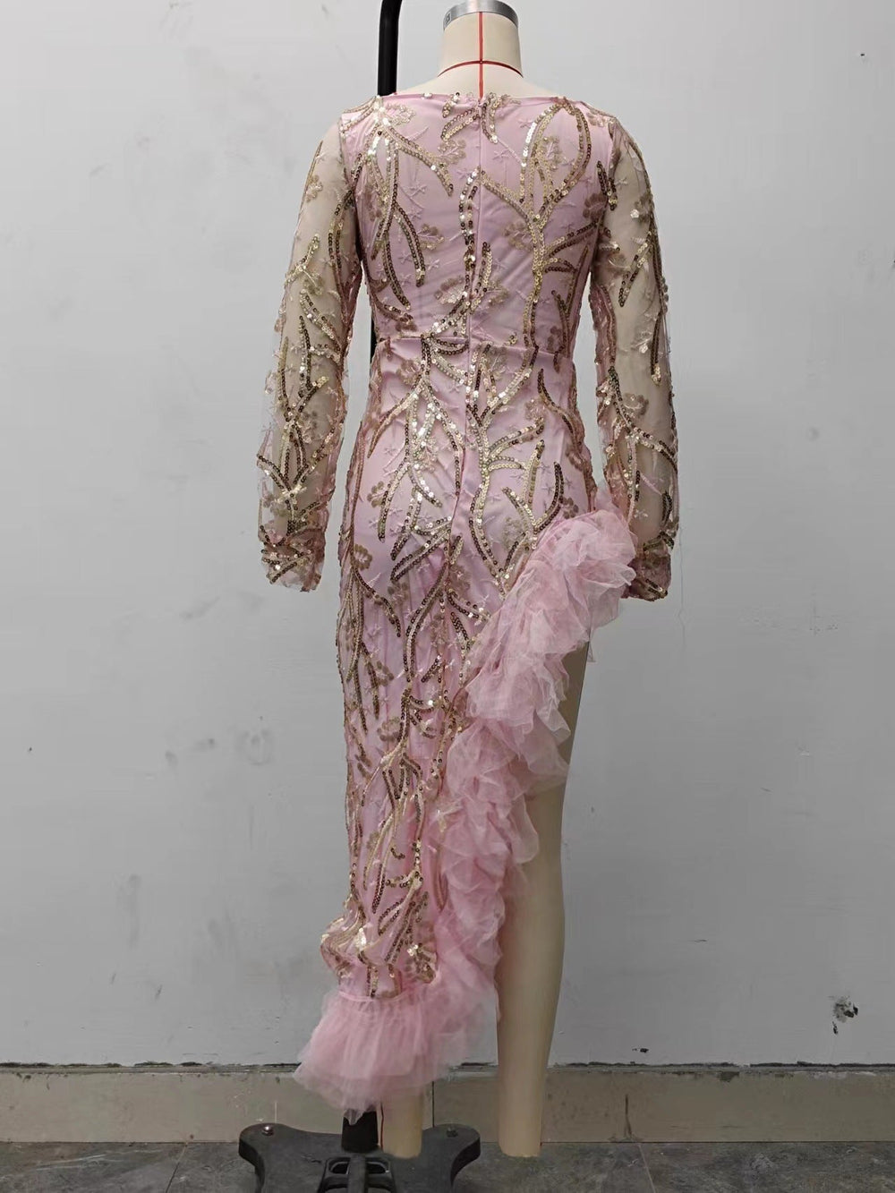 Fall Women Clothing Sexy Mesh Trailing Sequined Split Pink Evening Dress