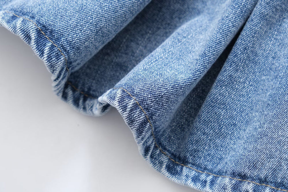 Women Clothing French Casual Pleated Washed Denim Dress Chic