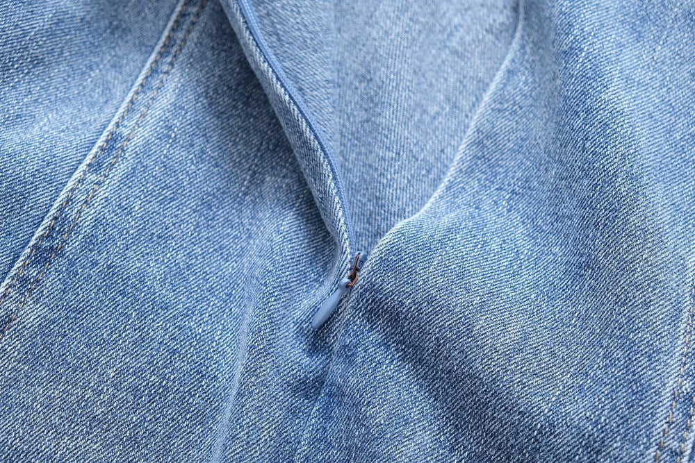 Women Clothing French Casual Pleated Washed Denim Dress Chic
