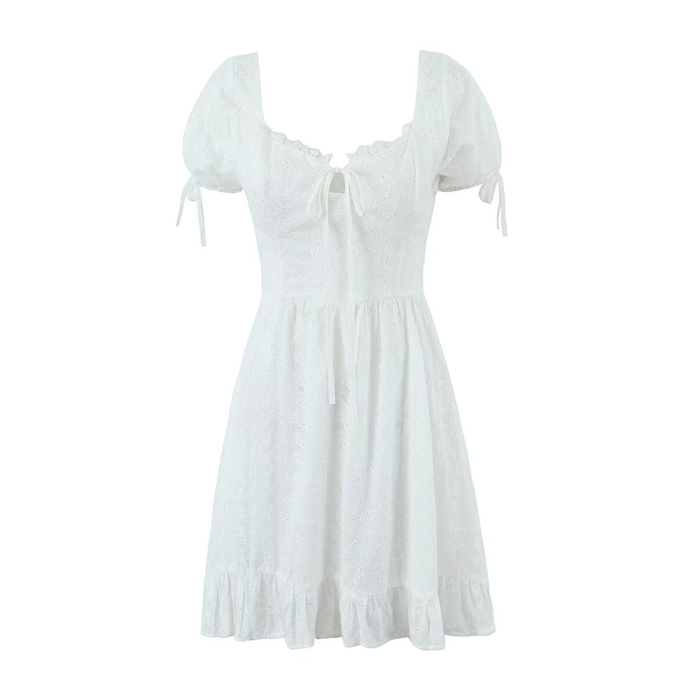 Summer Short Sleeve Ruffled Lace Lace Lace Dress Square Collar Short Dress Women Clothing