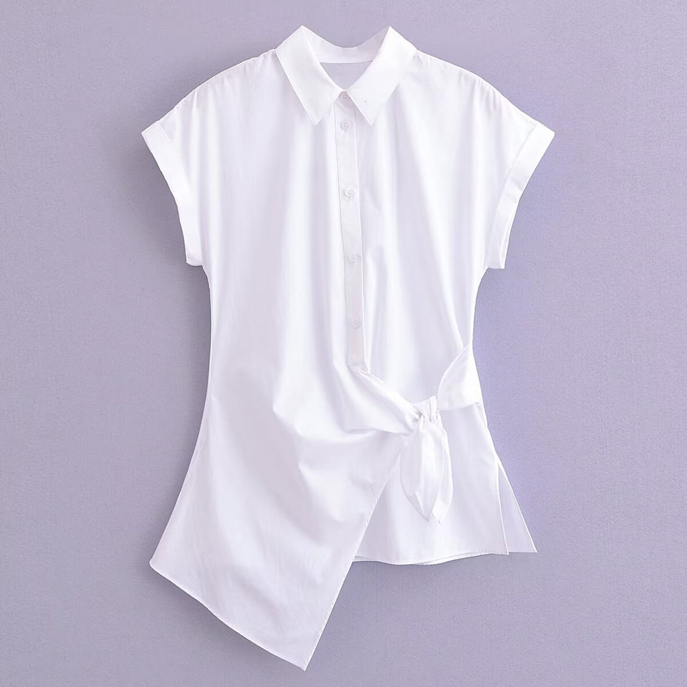Spring Summer Type Elegant Retro Design Lace up White Shirt Poplin Shirt Women Tops