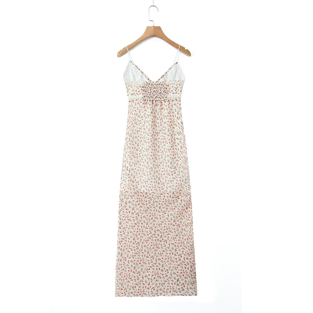 Spring French Pastoral Teenage Casual Suspender Dress V neck Lace Floral Maxi Dress