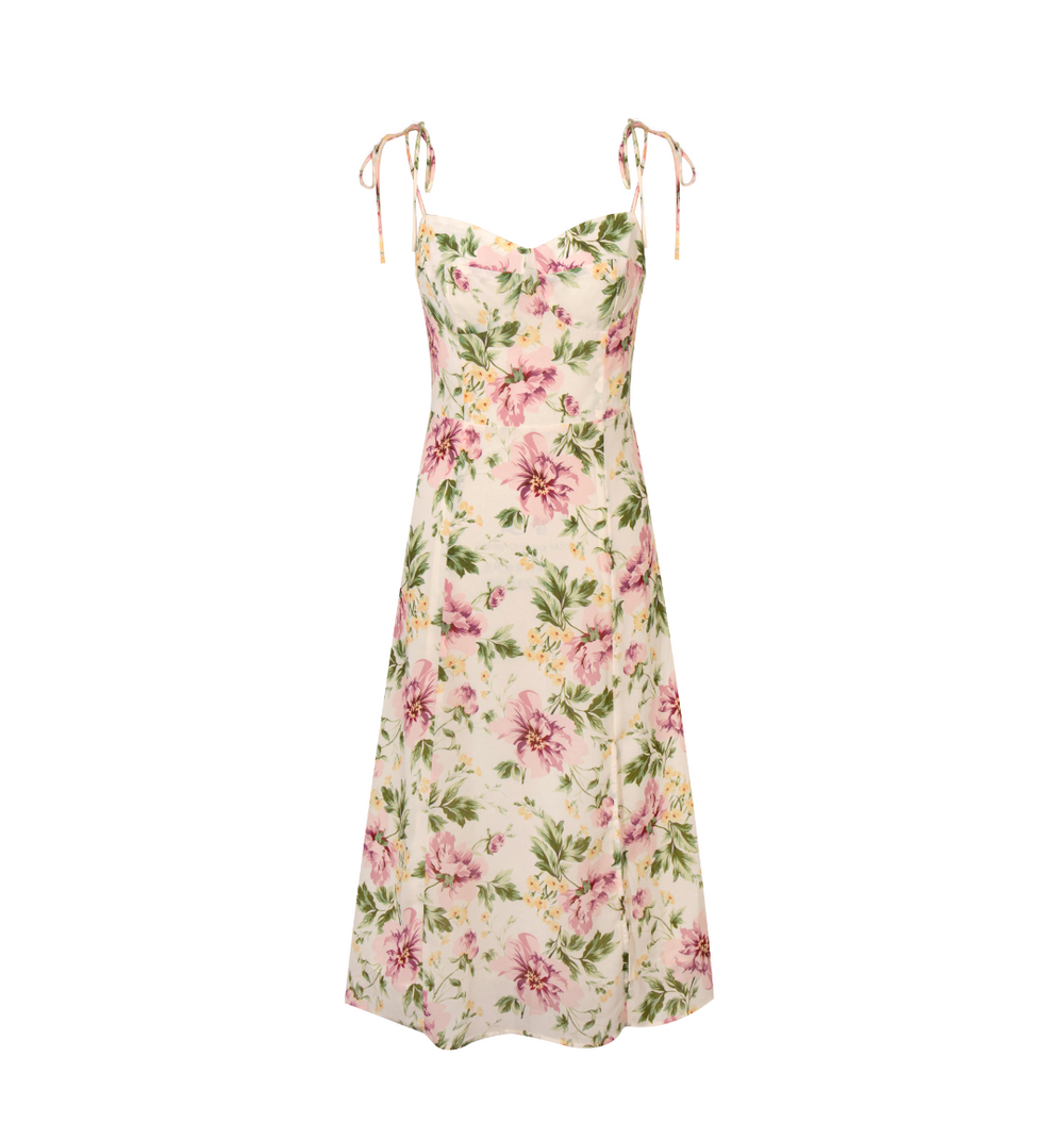 Summer French Vintage Floral Printed High Waist Sexy Side Split Hem Sling Dress