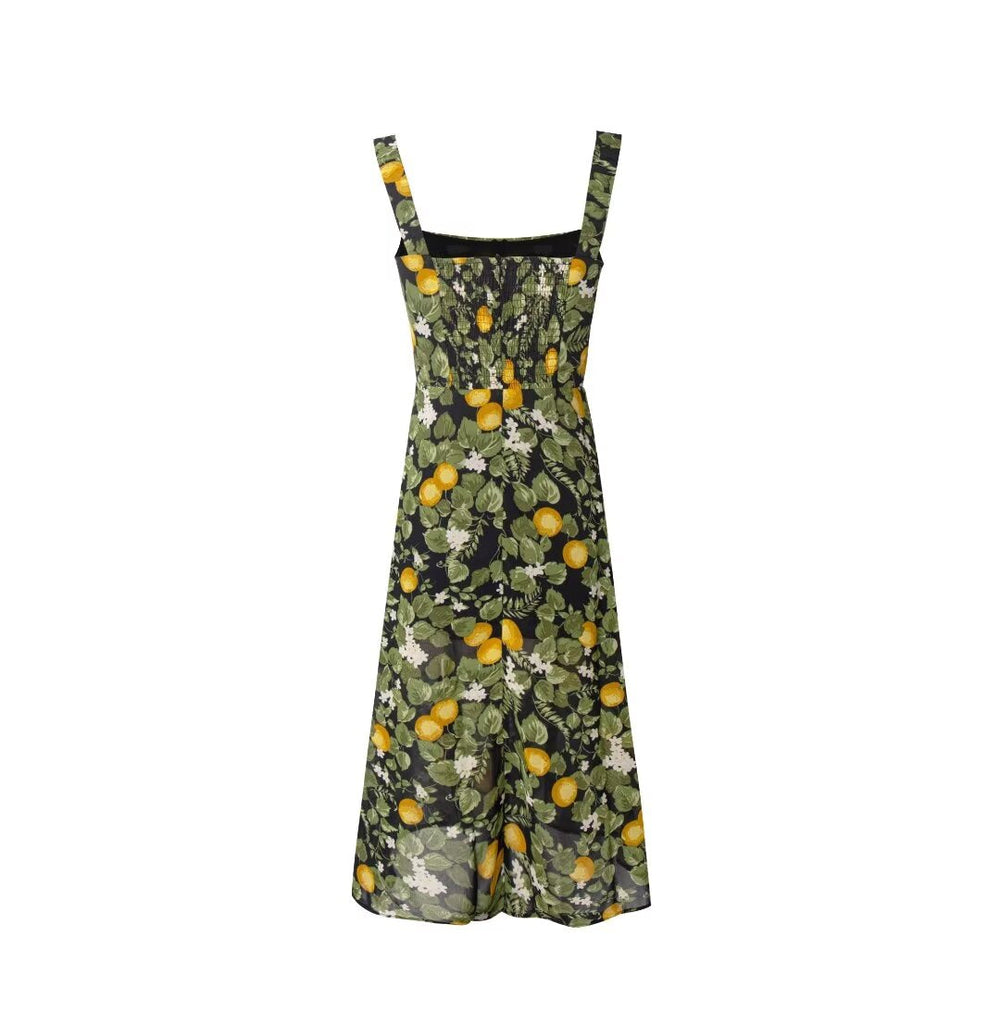 Summer Legal Women Clothing Sling Square Collar Fruit Printed Split Holiday Dress