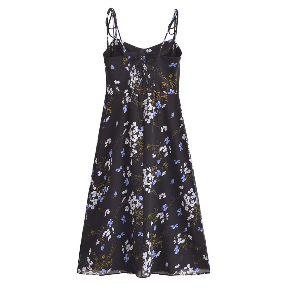 Spring Women Floral Print Vacation Sexy Slit Tied Spaghetti Strap Dress