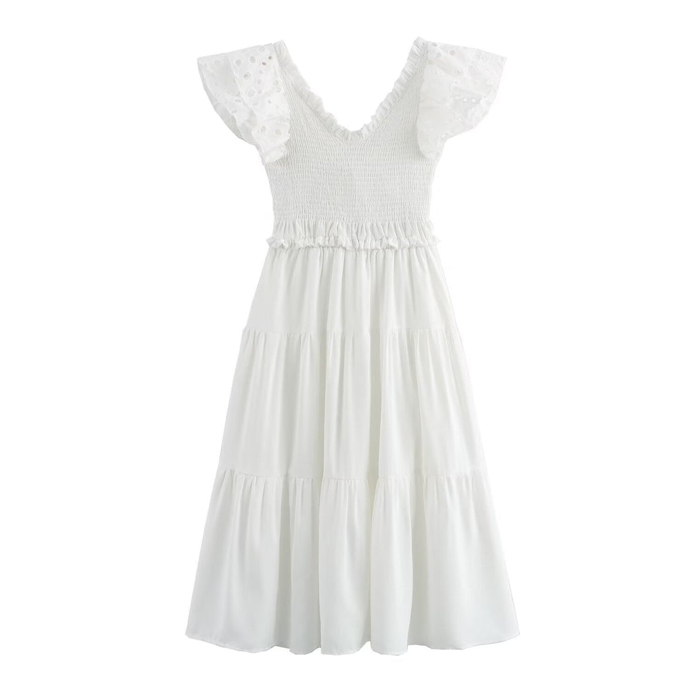 Spring Women Clothing Casual Simple Flying Sleeves Hollow Out Cutout Lace Dress