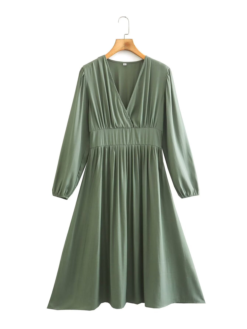 Spring Women Clothing Army Green Long Sleeve Pleated Dress