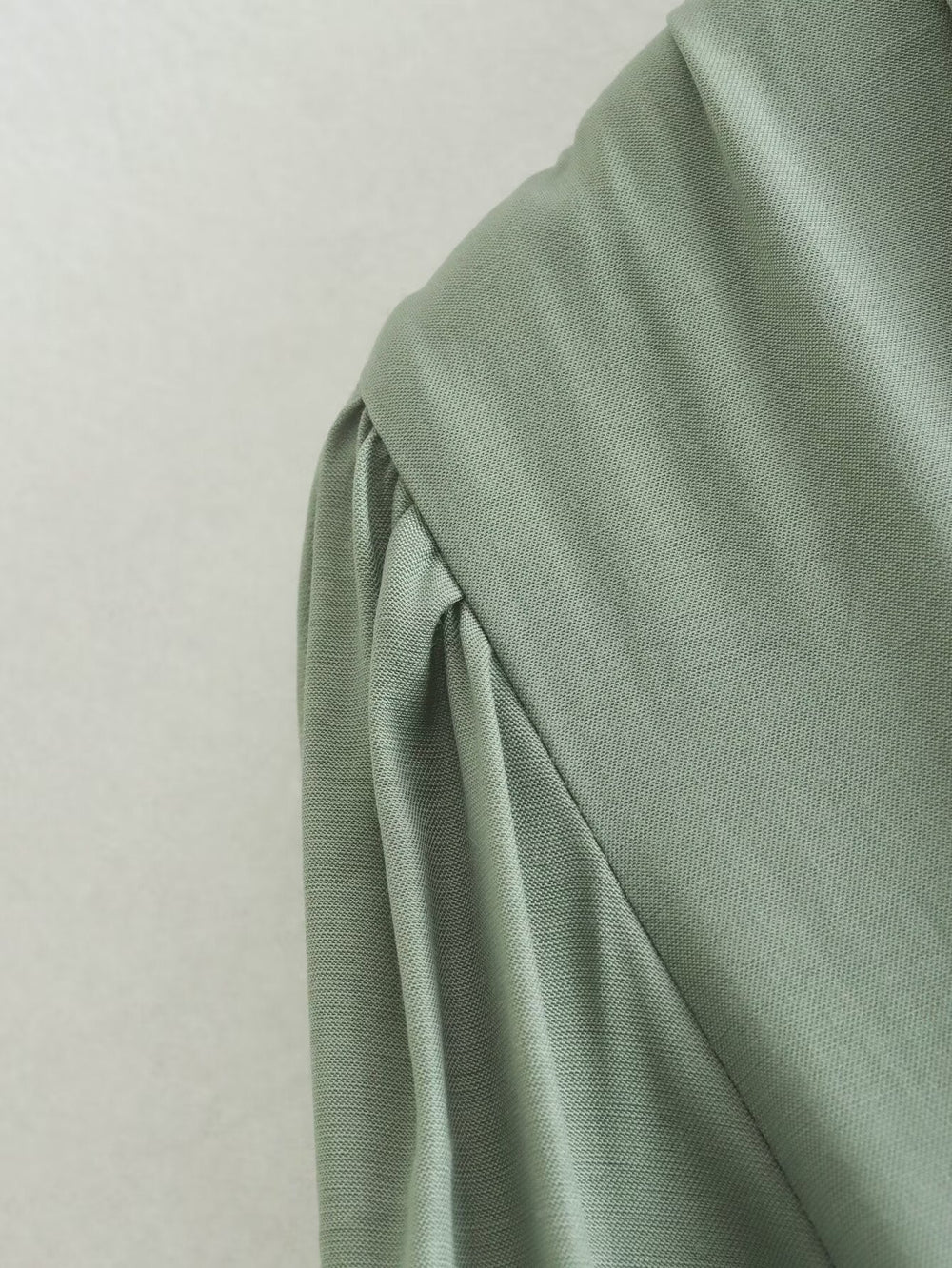 Spring Women Clothing Army Green Long Sleeve Pleated Dress