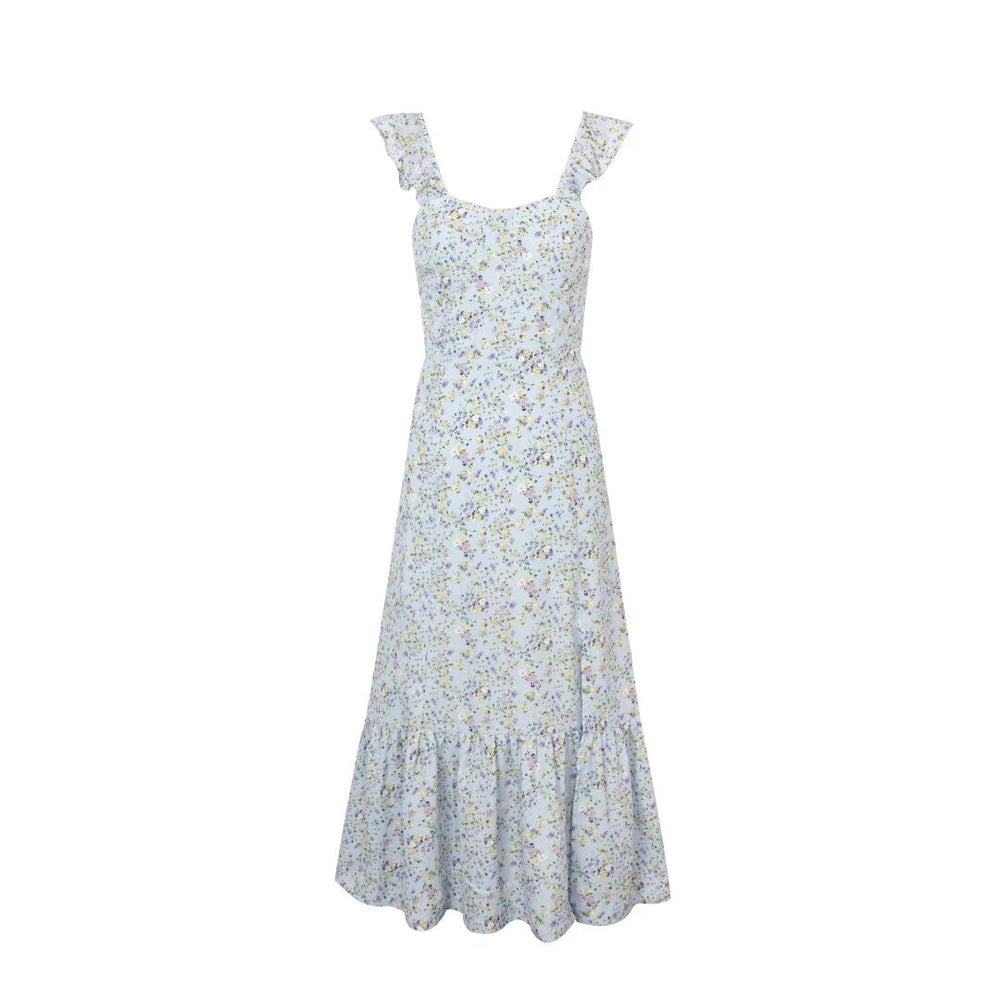 Fresh Sweet Floral Slim Fit Seaside Holiday Midi Dress Square Collar Wooden Ear Sleeveless Vest Dress Women