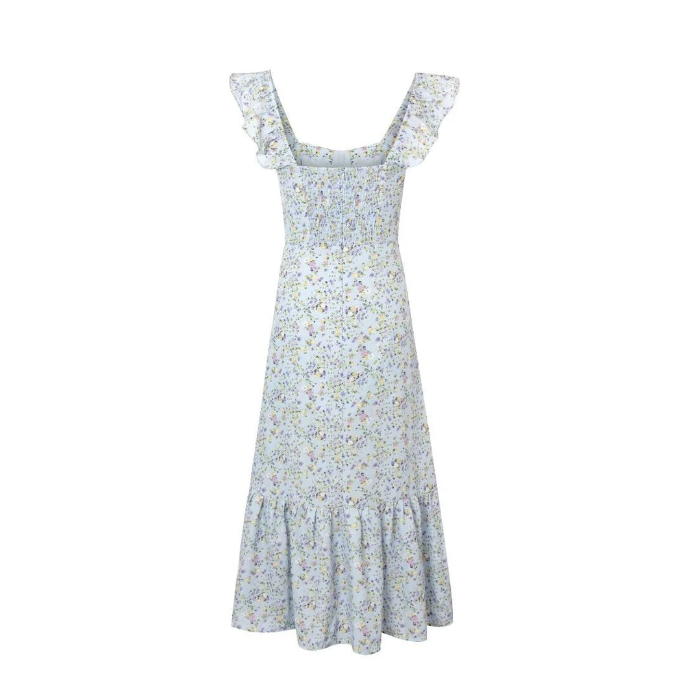 Fresh Sweet Floral Slim Fit Seaside Holiday Midi Dress Square Collar Wooden Ear Sleeveless Vest Dress Women