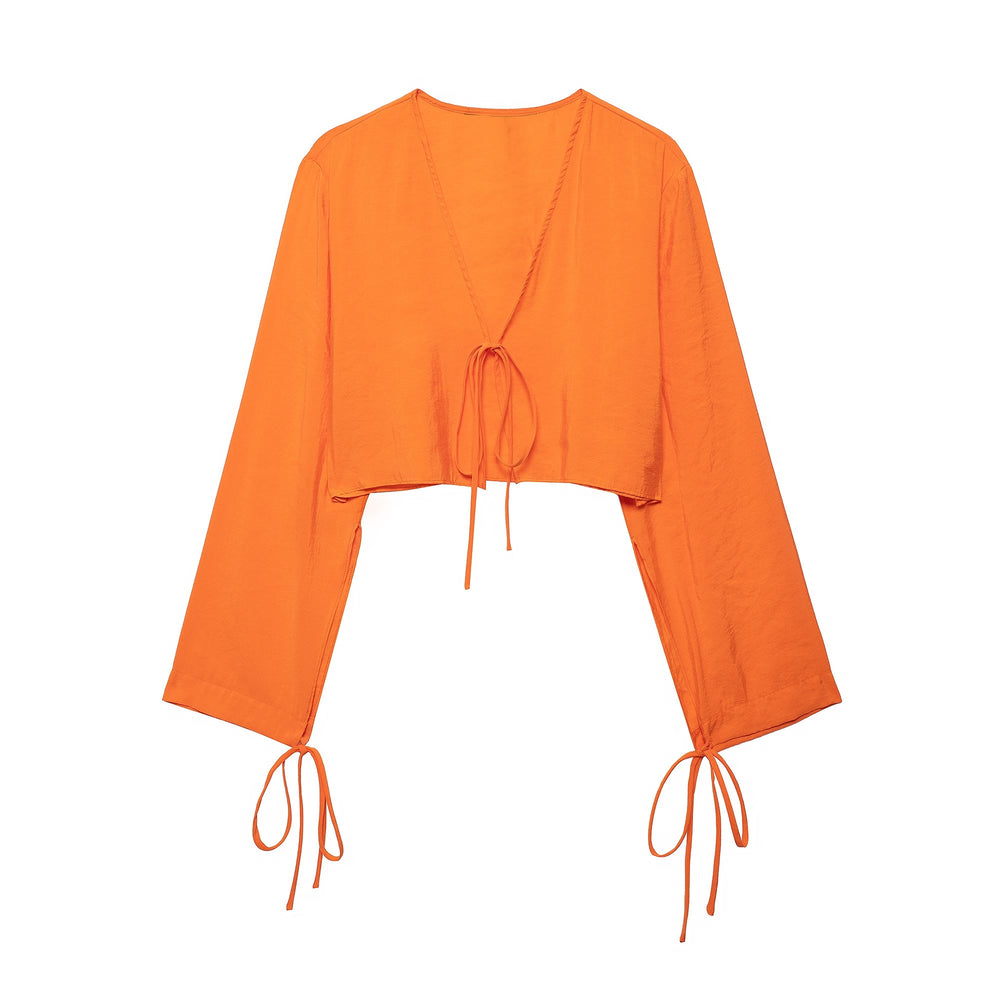 Spring Women Clothing Bowknot Drape Short Shirt