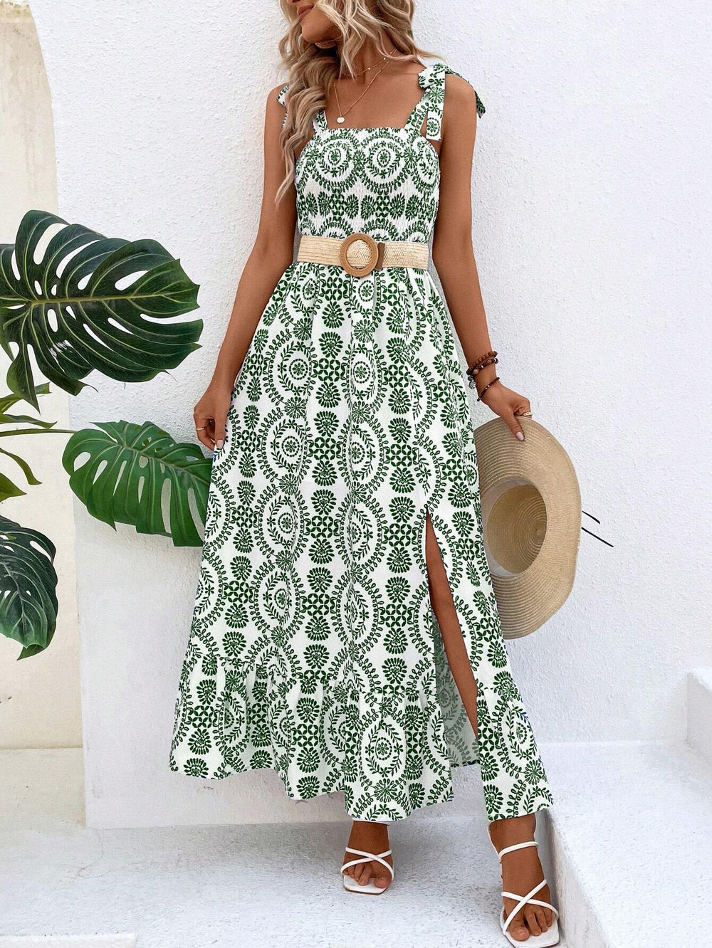 Women Clothing Summer Suspenders Printed Sleeveless Split Maxi Dress
