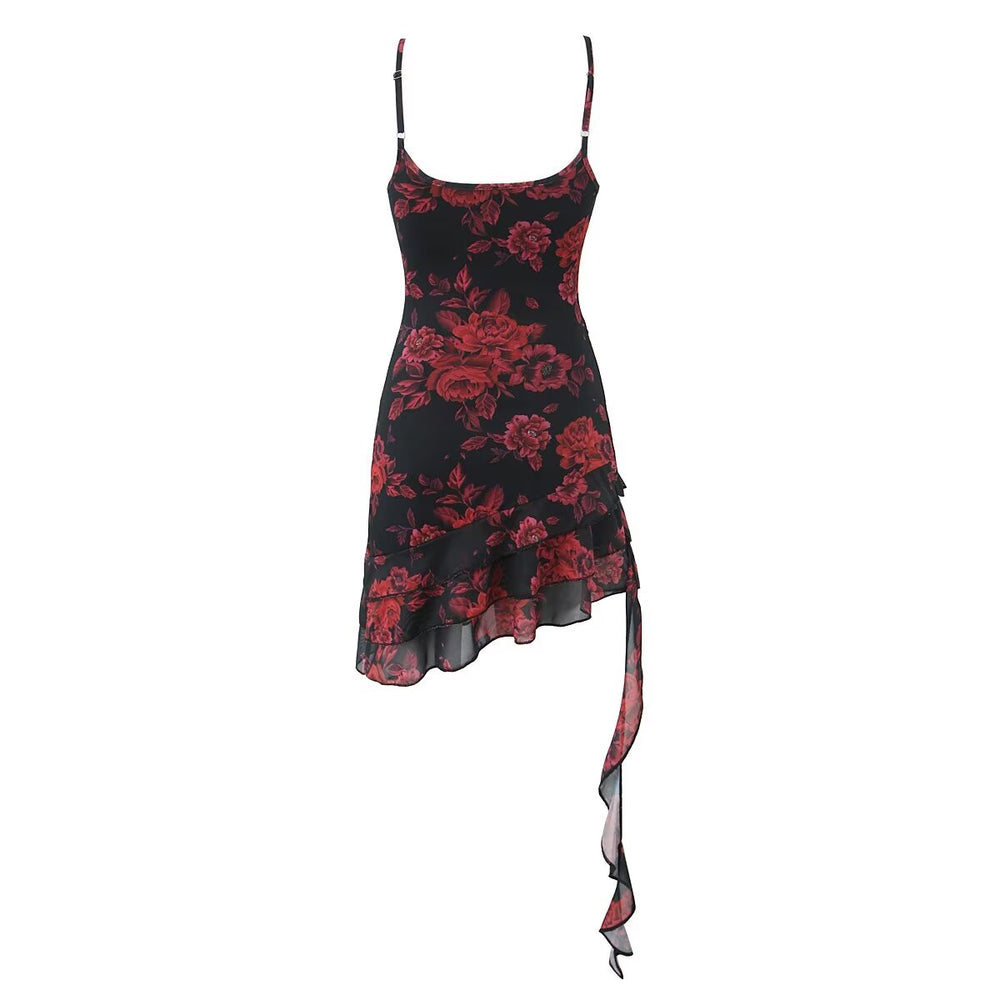 Retro Printed Irregular Asymmetric Spaghetti Strap Dress Women Summer Sexy Hip Dress