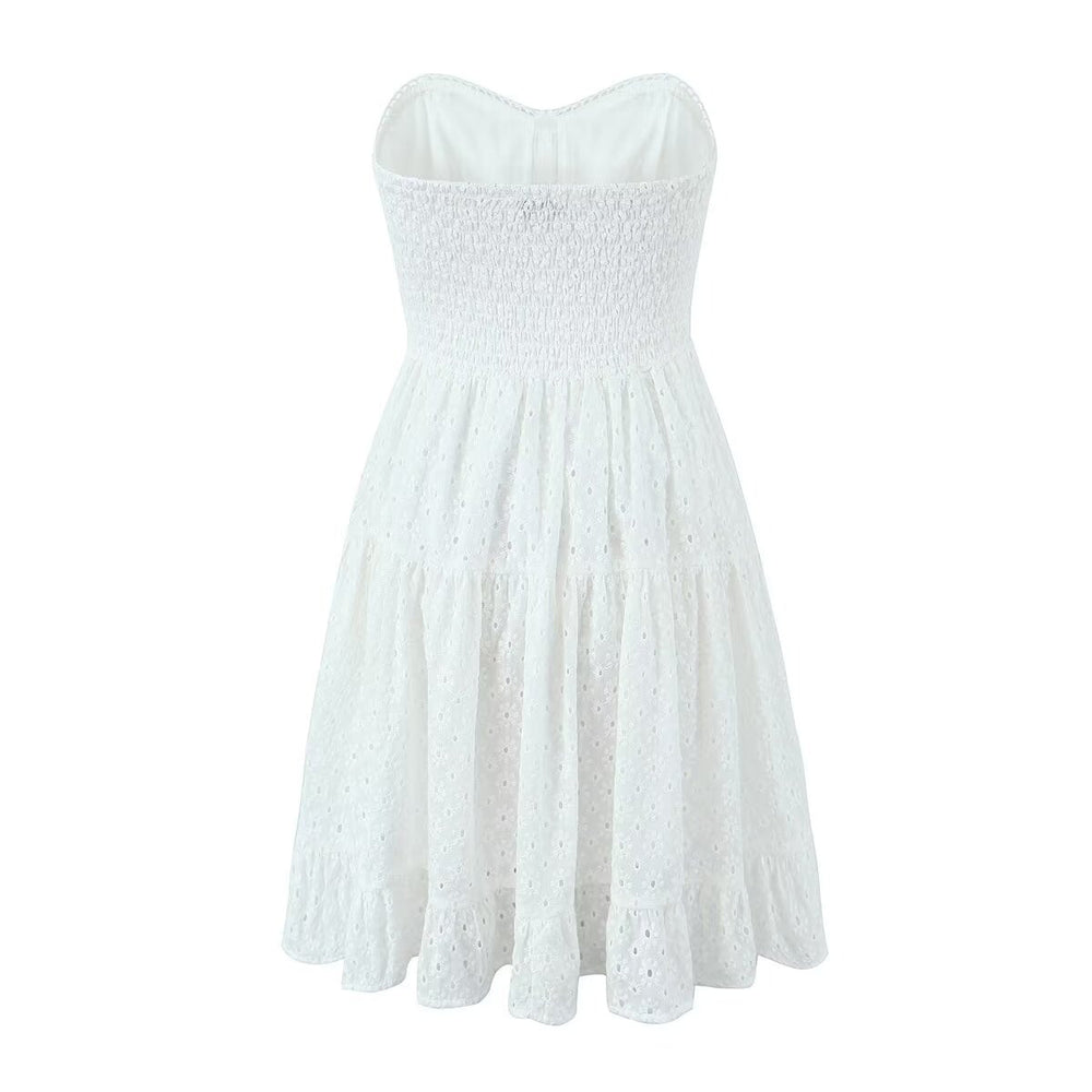 Spring French Pure White Butterfly Lace up Single Breasted Decorative Wrapped Chest Waist Lace Dress