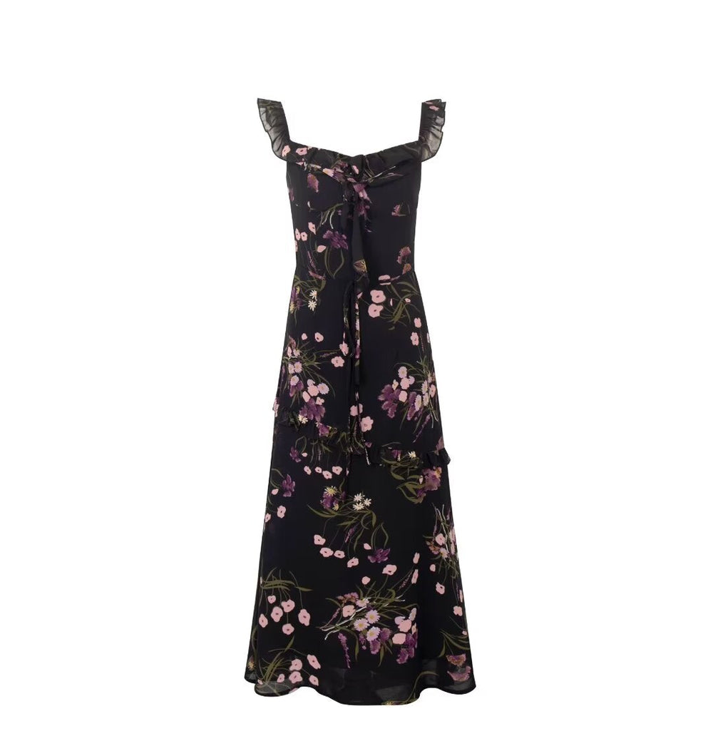 Printed Ruffled Suspender Summer Waist Controlled Lace up Slim Mid Length A line Dress