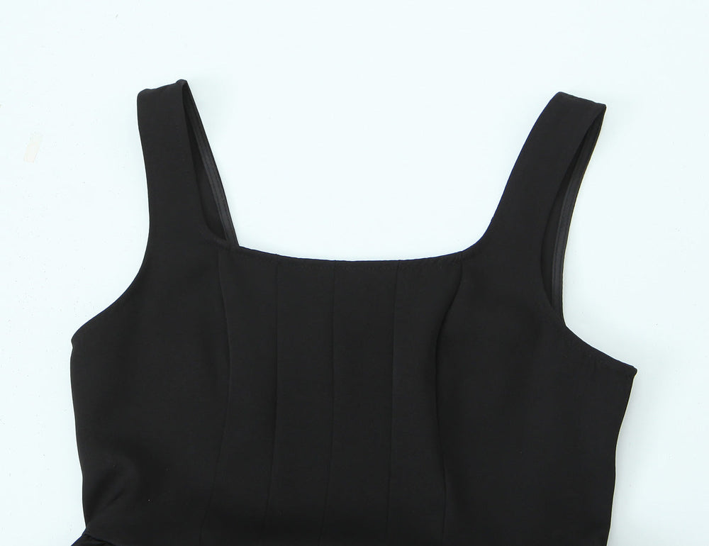 Women Solid Color Frill Strap Slim Fit Patchwork Casual Sling Dress