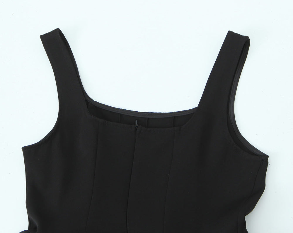 Women Solid Color Frill Strap Slim Fit Patchwork Casual Sling Dress