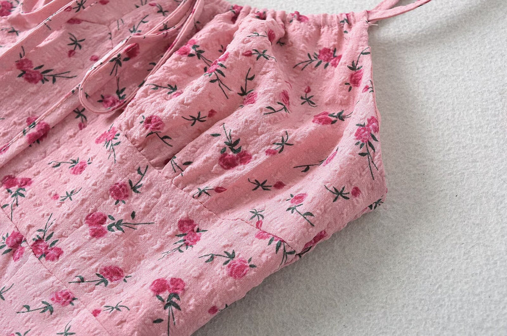 French Sweet Rose Floral Neckline Lace up Suspender Summer Tight Waist Slim A line Holiday Midi Dress