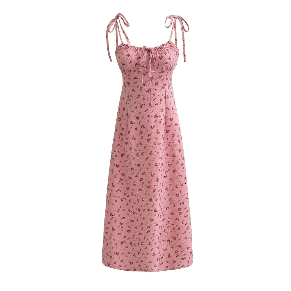 French Sweet Rose Floral Neckline Lace up Suspender Summer Tight Waist Slim A line Holiday Midi Dress