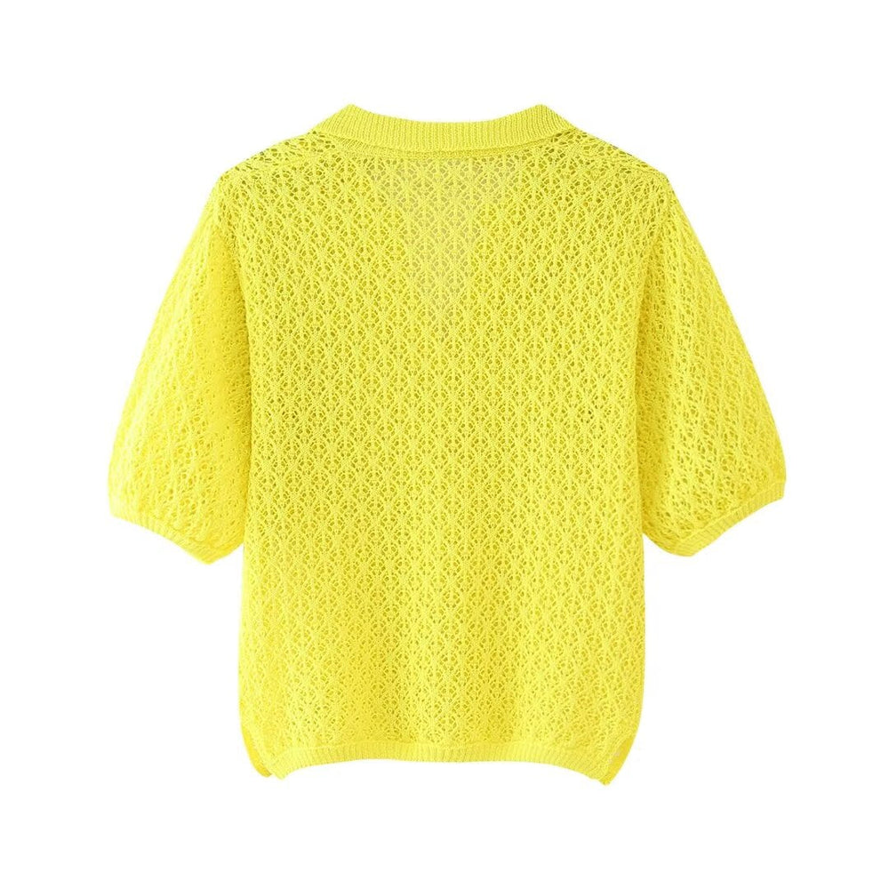 Women Clothing Summer Jacquard Mesh Loose Polo Collar Knitwear
