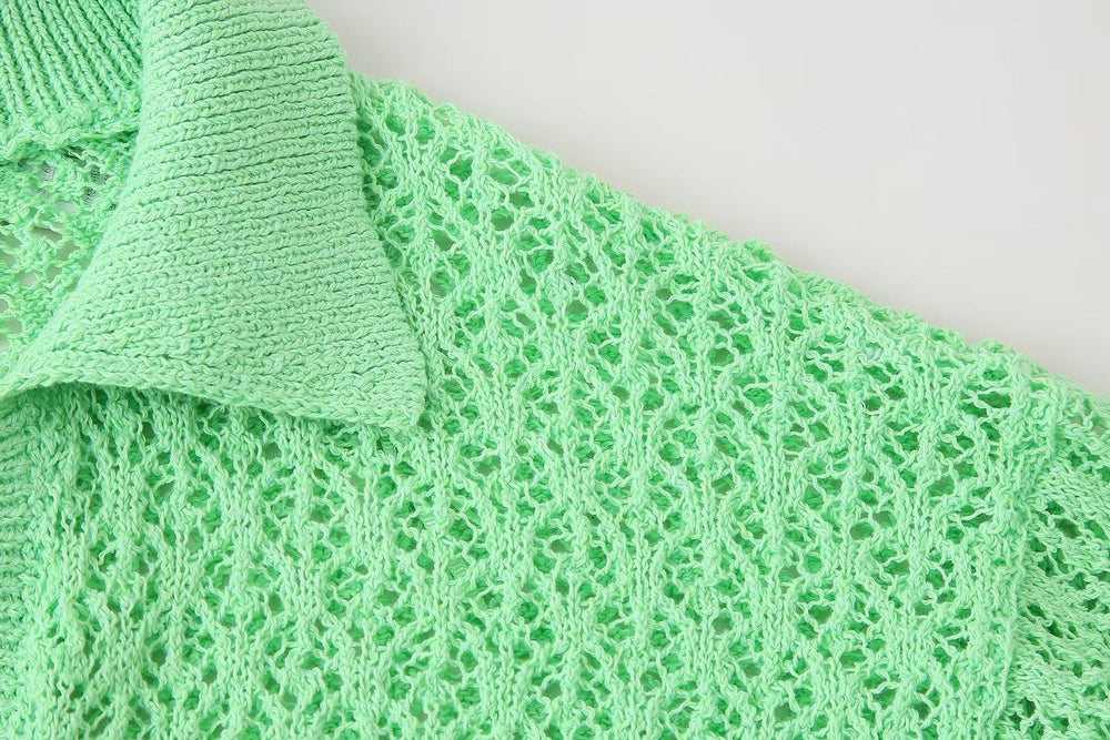 Women Clothing Summer Jacquard Mesh Loose Polo Collar Knitwear