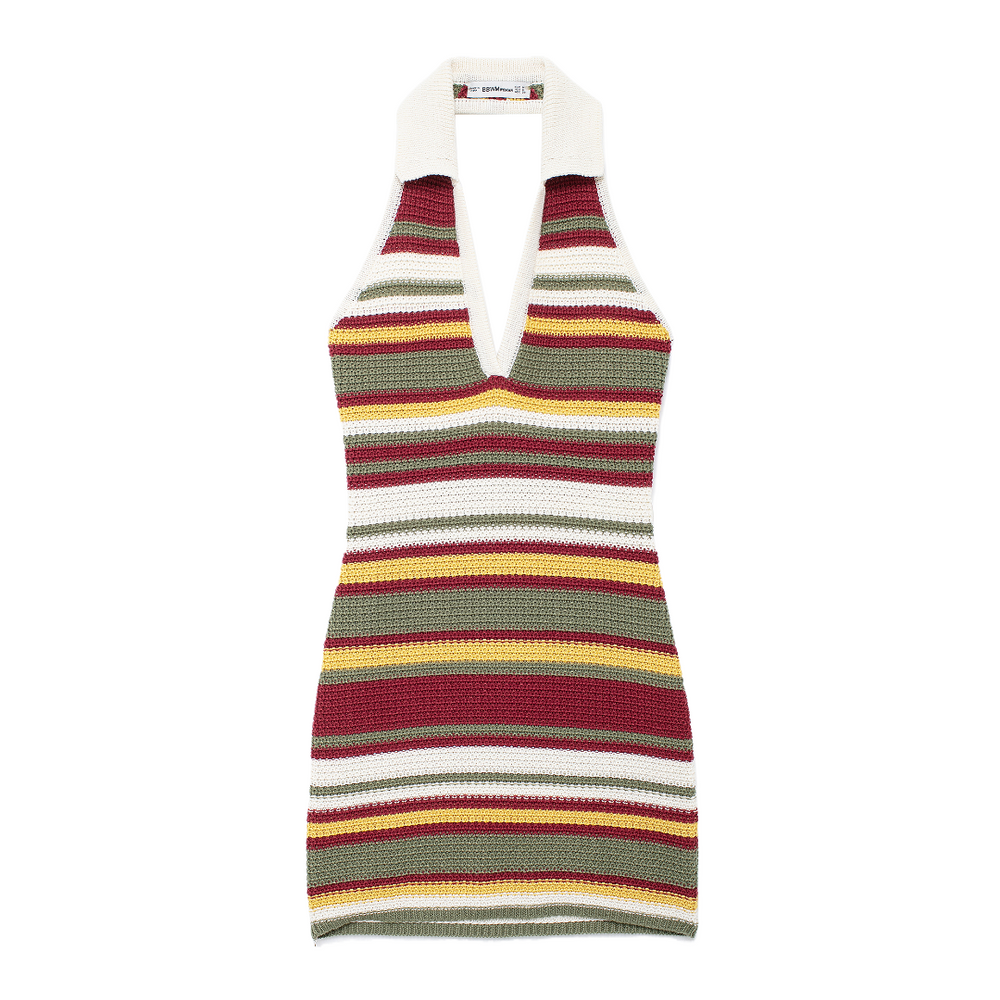 Women Clothing Autumn V Neck Colorful Striped Contrast Color Slim Fit Hip Crochet Dress