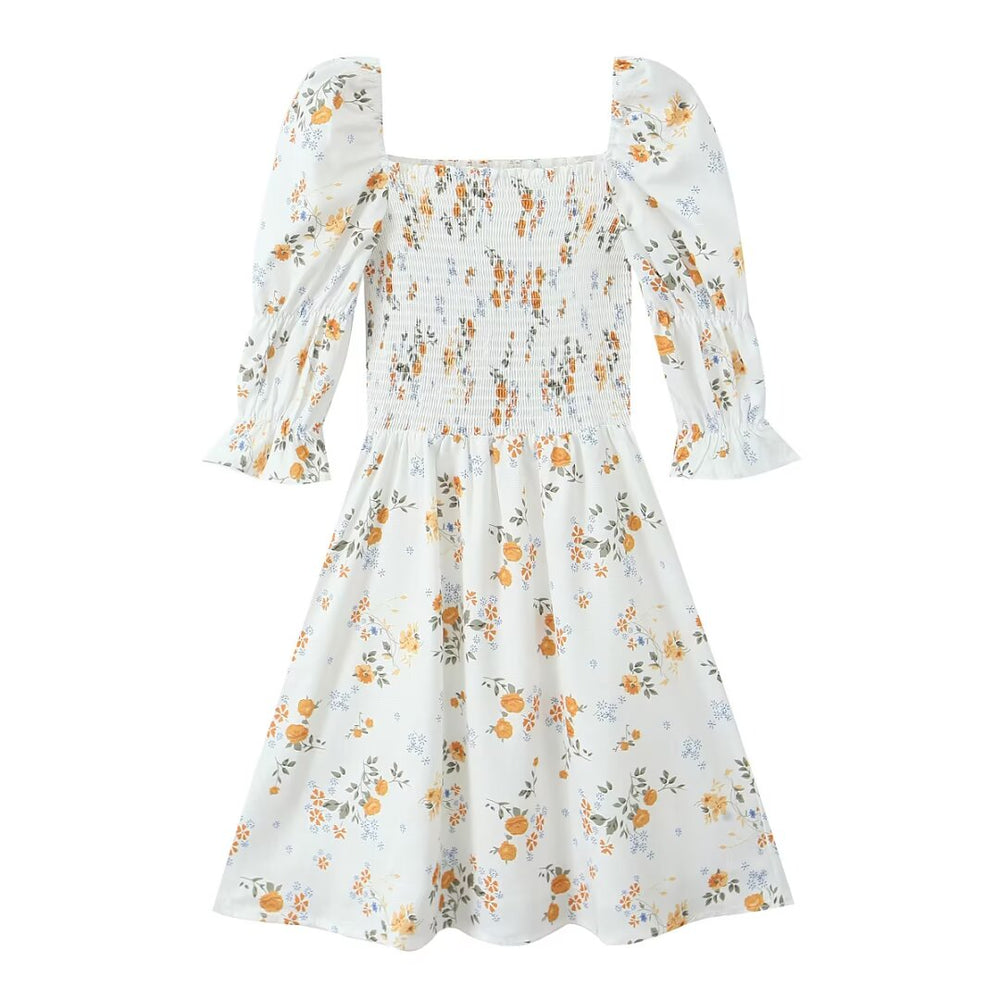 Summer French Printed Pleated Puff Sleeve Dress
