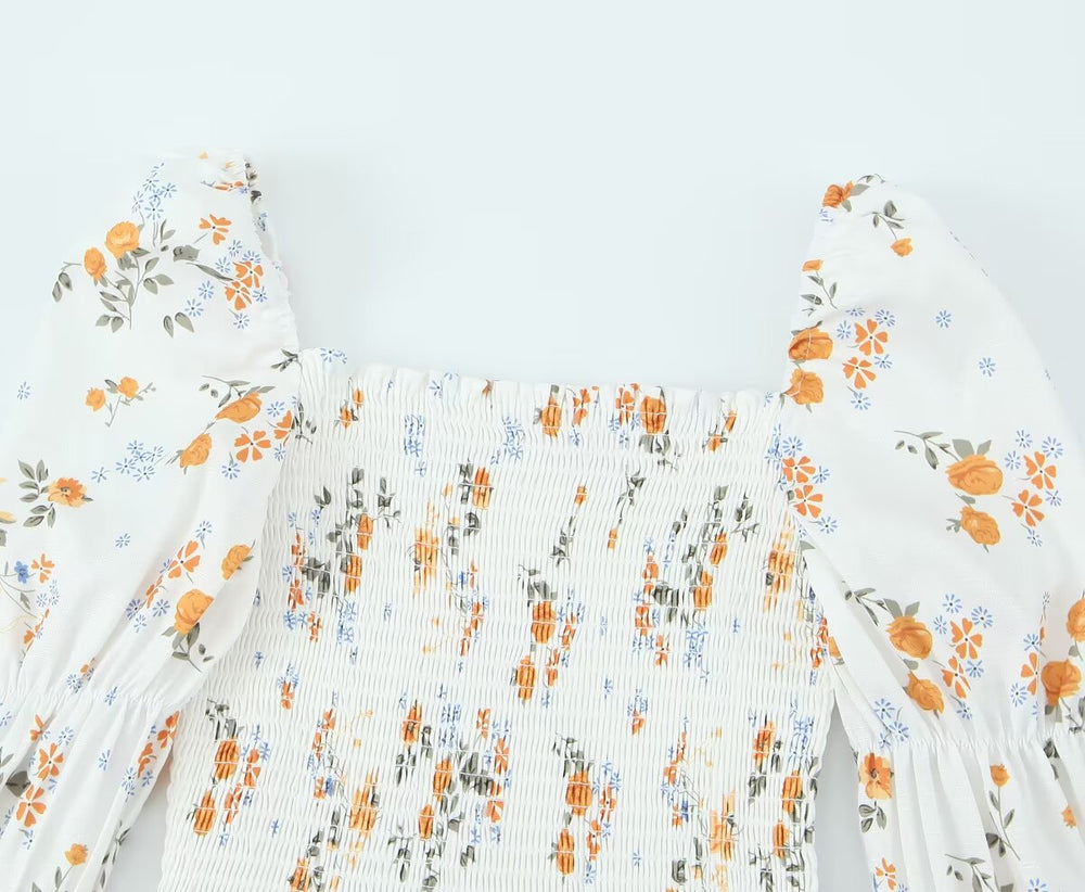 Summer French Printed Pleated Puff Sleeve Dress
